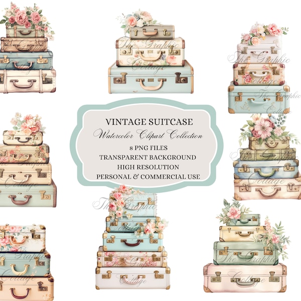 Watercolor Vintage Suitcase Clipart, Floral Suitcase Clipart, Vintage Floral Suitcase Clipart, Suitcase, Vintage Suitcase for Art