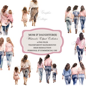 Aquarell Mutter und Tochter Clipart, Geschenk für Mama, Geschenk für Tochter, Wandkunst, Muttertag Clipart, Aquarellkunst für Mama und Tochter