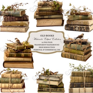Imágenes prediseñadas de libros antiguos de acuarela, imágenes prediseñadas de pájaros, mariposas, libros antiguos apilados, libros con pájaros, libros con mariposas, arte de diario basura, vintage