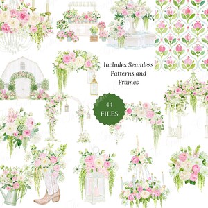 May include: A digital collection of 44 watercolor illustrations featuring pink and white roses, floral arrangements, wedding arches, a white barn, a flower stand, lanterns, a cowboy boot planter, and a seamless pattern with pink tulip motifs.