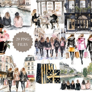 Aquarell Mädchen Reise nach Paris Clipart, romantisches Paris, Rosa und Blush Clipart, Wandkunst, Paris Sammlung, süßes Paris Cafe, Mädchen einkaufen