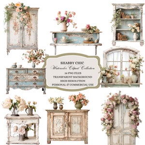 Shabby Chic Aquarelle Clipart, Shabby Chic, Design rustique, En détresse, vintage, Floral, Clipart, Décorations de mariage rustiques, Invitations