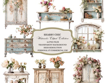 Peut inclure: Une collection de meubles et d'arrangements floraux de style shabby chic. L'ensemble comprend une commode, une armoire, une étagère, une fenêtre, une porte et une table d'appoint. Toutes les pièces sont peintes dans une finition blanche vieillie avec des accents floraux.