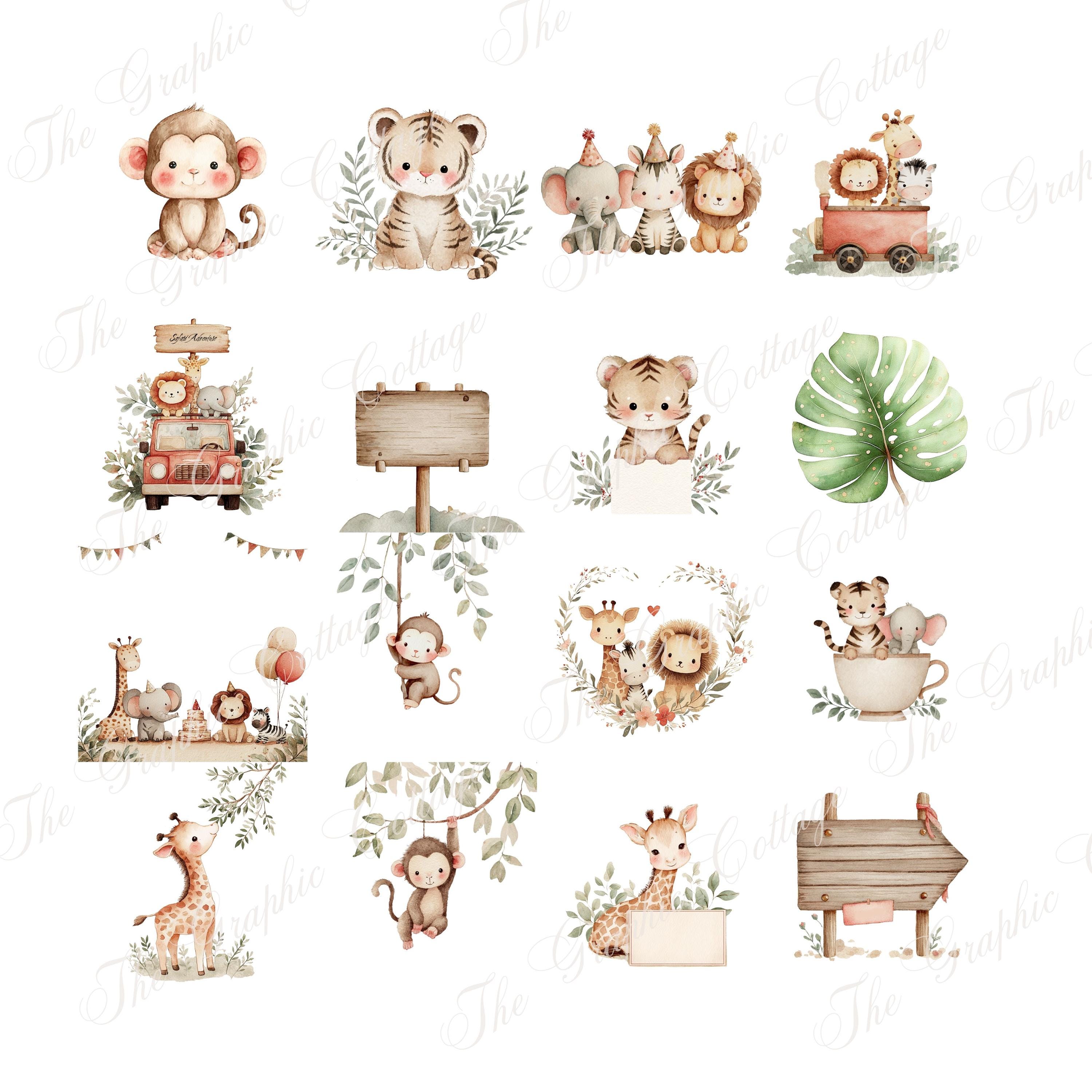 Watercolor Safari Clipart | Cute Jungle Animals PNG for Baby Shower ...