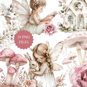 Aquarell Fee, Clipart, Fee, süße Fee, Neutral Fee, Märchenland, Geburtstagsfeier, Feen Clipart, Fee mit Hase, Rosen, Lesebuch