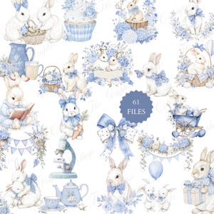 May include: A selection of watercolour illustrations showcasing white rabbits adorned with blue bows, alongside blue floral arrangements, teacups, and cupcakes. The image includes the text "61 FILES" within a blue circle.