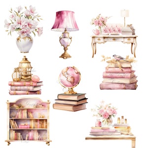 Pode incluir: Uma ilustra&ccedil;&atilde;o em aquarela de um escrit&oacute;rio em casa vintage com uma l&acirc;mpada rosa, um globo terrestre, uma estante, uma mesa e pilhas de livros. A ilustra&ccedil;&atilde;o apresenta um esquema de cores rosa e dourado e detalhes florais.