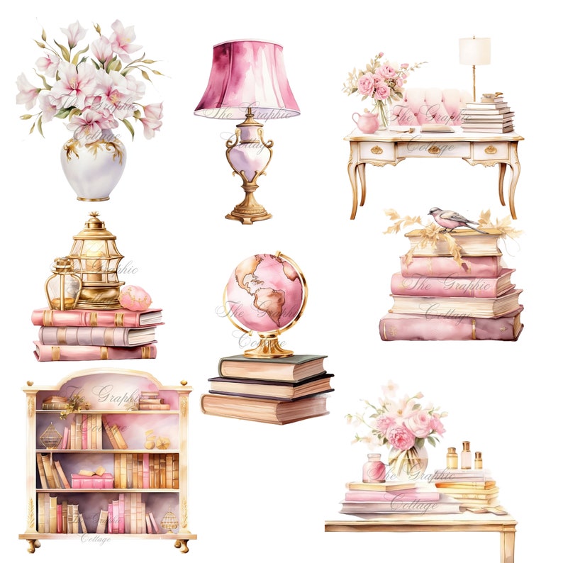 Pode incluir: Uma ilustra&ccedil;&atilde;o em aquarela de um escrit&oacute;rio em casa vintage com uma l&acirc;mpada rosa, um globo terrestre, uma estante, uma mesa e pilhas de livros. A ilustra&ccedil;&atilde;o apresenta um esquema de cores rosa e dourado e detalhes florais.