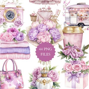 Aquarell Cottage Blooms Clipart, romantische rosa und lila Pfingstrosen, Rosen, Blumenmuster, Print On Demand, Sublimation, Blumenmuster