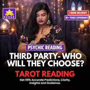 Könnte beinhalten: Werbung für Wahrsagerei und Tarot-Lesungen. Das Bild zeigt eine Frau und den Text "Psychic Reading", "Third Party - Who Will They Choose?" und "Tarot Reading". Es gibt auch eine 5-Sterne-Bewertung.