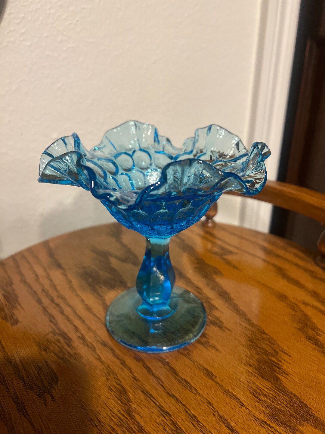 Vintage Blue Fenton Glass Footed Vase Candy Dish Ruffled Blue Etsy