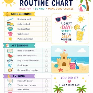 Puede incluir: Un colorido cuadro de rutina de verano con el texto "Summer Routine Chart" y listas de verificación de actividades diarias. Incluye ilustraciones de un sol, una escena de playa y una bebida refrescante. El cuadro fomenta buenos hábitos.