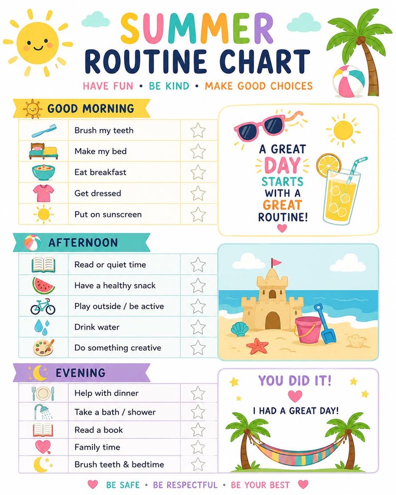 Summer Routine Pdf Summer Routine Chart for Kids - Etsy
