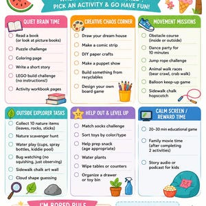 May include: A colorful summer boredom activity chart with a sun, watermelon, and ice cream cone illustrations. The chart includes categories like "Quiet Brain Time," "Creative Chaos Corner," and "Movement Missions," offering various activity ideas for children.