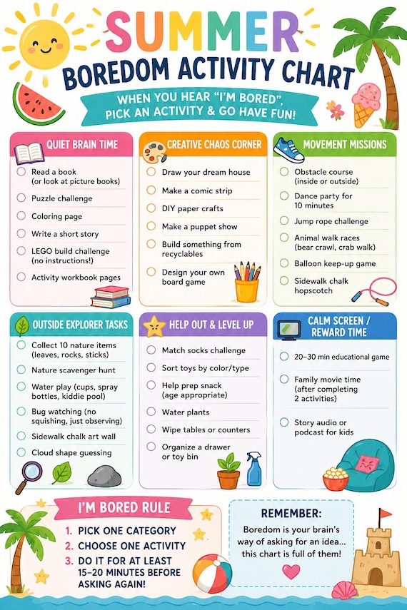 Summer Boredom Buster Printable Fun Activities Kids Can Do Independently