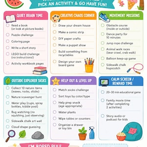 May include: A colorful Summer Boredom Activity Chart featuring six categories: Quiet Brain Time, Creative Chaos Corner, Movement Missions, Outside Explorer Tasks, Help Out & Level Up, and Calm Screen/Reward Time, with lists of activities and rules.