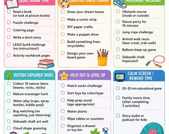Pacchetto di attività estive per bambini per combattere la noia / Tabelle estive stampabili / Attività senza schermi / Programma visivo e routine giornaliera