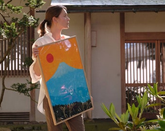 Mount Fuji poster turkoois Fuji rode zon levendige Ukiyo-e kunst Mount Fuji Giclée print moderne kunst Mount Fuji decor kunst aan de muur Japans schilderij