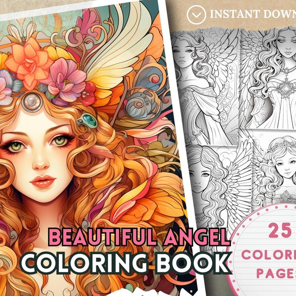 Heavenly Angels Coloring Book - Adults Coloring Pages, Instant Download, Graceful Angelic Art, Printable PDF File