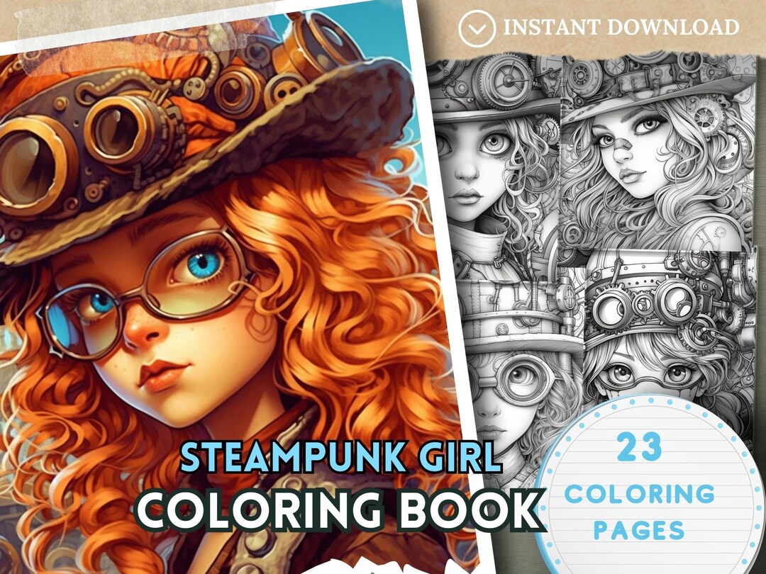 Steampunk Girl Coloring Page Grayscale Printable PDF Printable Adult ...