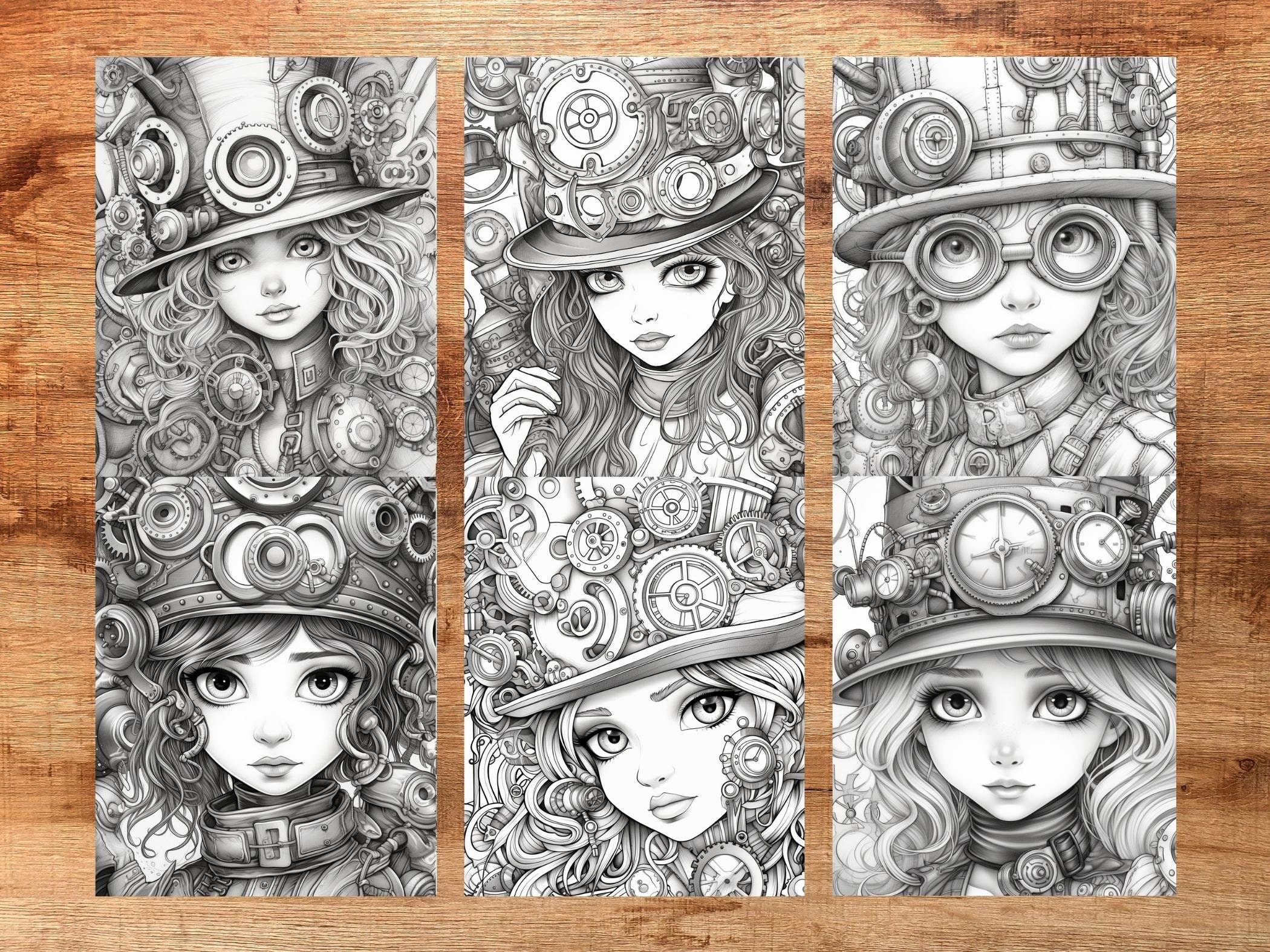 Steampunk Girl Coloring Page Grayscale Printable PDF Printable Adult ...