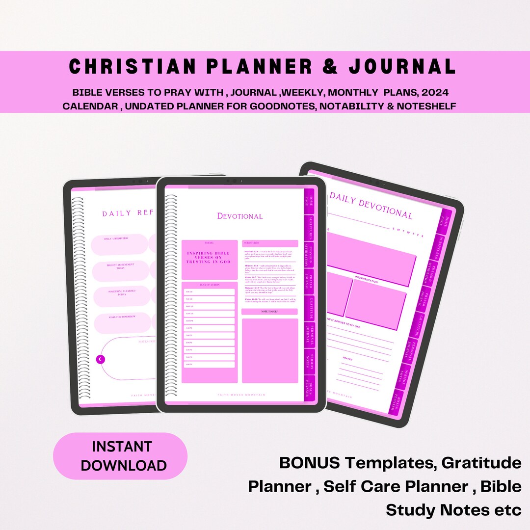 Pink Christian Planner and Journal 2024, Undated Digital Planner, Faith