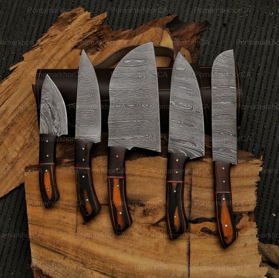 OHM-07711 Damascus chef knife, 5Pcs, chef knife set, handmade knives, hand  forged knife, kitchen knife set, paring knife, mothers day gift, gift for