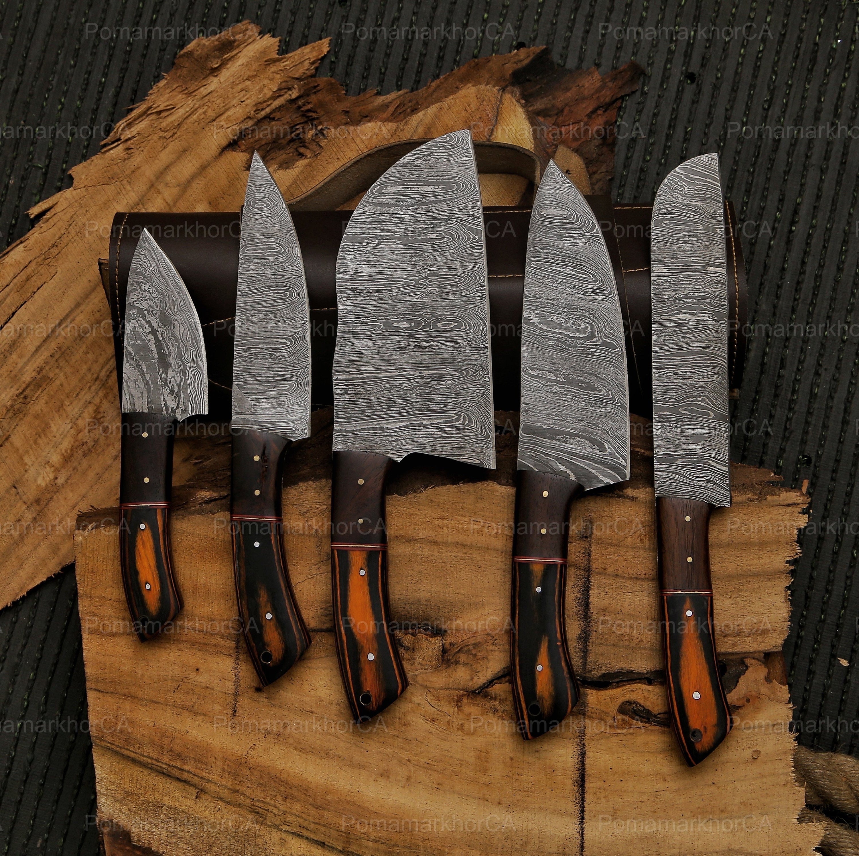  Damascus Pocket Knife Set, Mini Axe with Sheath Chef