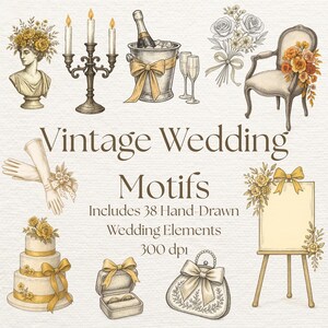 Vintage Wedding Clipart Bundle – 38 Hand Drawn Floral PNGs – Romantic Bride & Groom Illustrations – Digital Wedding Graphics