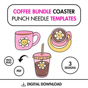 3 Coffee Punch Needle Template, Mug Rug Template, Punch Needle Embroidery Pattern, Punch Needle Patterns, Punch Needle Coaster, Punch