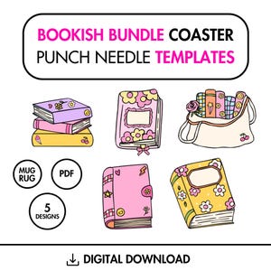5 Bookish Punch Needle Template, Mug Rug Template, Punch Needle Embroidery Pattern, Punch Needle Patterns, Punch Needle Coaster, Punch