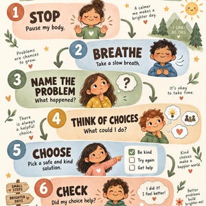 Stappenplan voor probleemoplossing voor kinderen, poster voor sociaal-emotioneel leren in de klas, visuele ondersteuning voor sociale vaardigheden