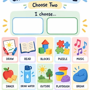 Può includere: Una bacheca delle scelte con il testo CHOICE BOARD - PICK 2, Choose Two, I choose e I can pick two choices. Presenta dieci icone di attività illustrate tra cui disegnare, leggere, blocchi, puzzle, musica, spuntino, bere acqua, esterno, pongo e pausa.