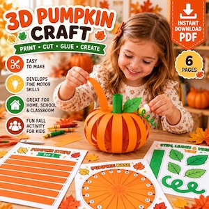 May include: A 3D pumpkin craft kit featuring printable templates for pumpkin strips, a circular base, and green leaves. The set includes instructions for printing, cutting, and gluing to create a paper pumpkin, presented as an instant download PDF.