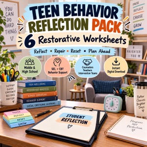 Puede incluir: Un paquete de reflexión sobre el comportamiento adolescente con 6 hojas de trabajo restaurativas. La imagen muestra un escritorio con un portapapeles que dice Student Reflection, libros, un temporizador, un bolígrafo y tazas.