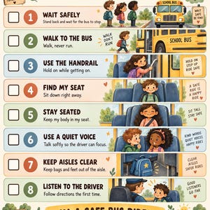 May include: A school bus safety checklist poster featuring eight numbered steps with illustrations of children and a yellow school bus. The text includes 'SCHOOL BUS SAFETY CHECKLIST', 'SAFE CHOICES HELP EVERYONE RIDE HAPPY', and 'I'M A SAFE BUS RIDER!' with various safety tips.