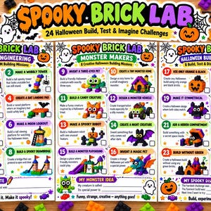 May include: A three-page printable bundle titled Spooky Brick Lab featuring 24 Halloween-themed building challenges. The pages include colorful graphics of ghosts, pumpkins, and spiderwebs, with numbered tasks for engineering, monster making, and experiments.