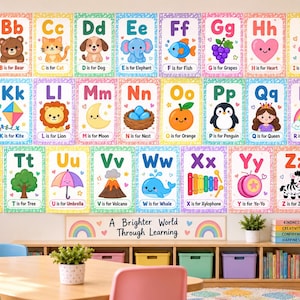 Könnte beinhalten: Ein Set aus sechsundzwanzig pädagogischen Alphabet-Wandpostern mit den Buchstaben A bis Z, jeweils gepaart mit einer bunten Cartoon-Illustration und dem entsprechenden Wort. Das Display enthält ein Banner mit dem Text A Brighter World Through Learning.