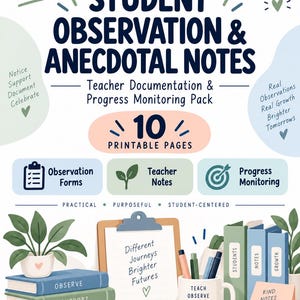May include: A digital download titled Student Observation & Anecdotal Notes, a teacher documentation and progress monitoring pack with 10 printable pages. The graphic features books, a clipboard, a mug with pens, and motivational text.
