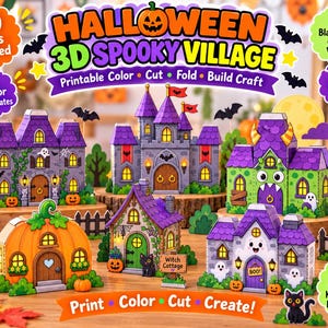 Puede incluir: Un set de manualidades imprimible Halloween 3D Spooky Village que incluye 10 plantillas de casas a todo color y 10 versiones para colorear en blanco y negro. La muestra incluye una casa calabaza, una cabaña de bruja y estructuras encantadas con tonos morados, verdes y naranjas, con el texto Halloween 3D Spooky Village, Trick or Treat y Witch Cottage.