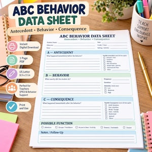 ABC Behavior Data Sheet Printable, Antecedent Behavior Consequence Form, Behavior Tracking Sheet, Special Education Teacher Data Collection