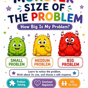 May include: A colourful educational poster titled MONSTER SIZE OF THE PROBLEM How Big Is My Problem? featuring three furry monsters in green, yellow, and red representing small, medium, and big problems, with text prompts for emotional regulation.