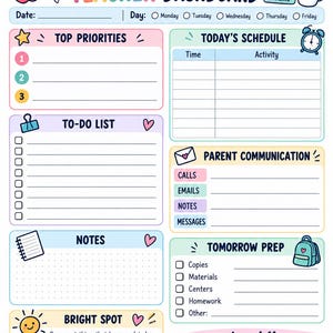 Puede incluir: Una página de planificador diario para docentes con secciones para prioridades, horario, lista de tareas, comunicación, notas y preparación. El encabezado dice Daily Teacher Dashboard e incluye gráficos de una manzana y lápices.