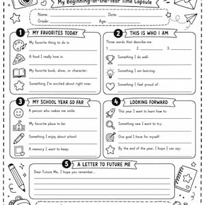 May include: A black and white printable worksheet titled ALL ABOUT ME! My Beginning-of-the-Year Time Capsule. It features sections for personal details, favorites, school memories, future goals, and a letter to self, decorated with icons like a camera, rocket, and backpack.