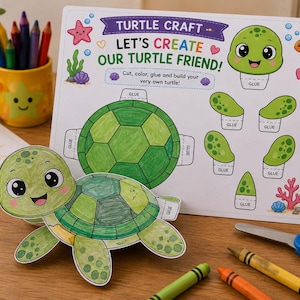 Turtle Craft for Kids Printable, Easy 3D Paper Craft, Preschool Classroom Activity, Turtle Cutting Craft, Kindergarten Montessori PDF