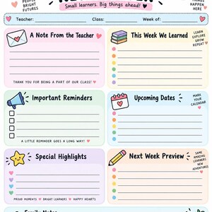 May include: A weekly classroom newsletter template featuring a pastel colour palette with a sun, rainbow, and school icons. Sections include A Note From the Teacher, This Week We Learned, Important Reminders, Upcoming Dates, Special Highlights, Next Week Preview, and Family Notes with lines for writing.