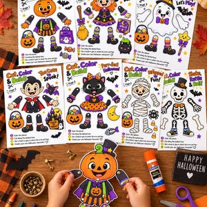 Może przedstawiać: Zestaw sześciu arkuszy aktywności na Halloween do druku, przedstawiających postacie takie jak dynia, czarownica, duch, wampir, kot, mumia i szkielet, z instrukcjami wycinania, kolorowania i składania każdej figurki z ruchomymi kończynami.