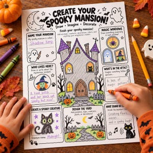 May include: A white activity sheet titled Create Your Spooky Mansion with black line art illustrations of a haunted house, ghosts, a cat, and pumpkins. The page includes prompts to name the mansion, draw creatures, and design the yard.