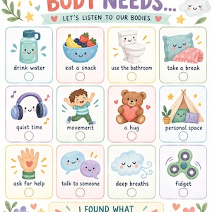 May include: A colourful educational chart titled MY BODY NEEDS... featuring twelve illustrated squares with activities like drink water, eat a snack, use the bathroom, take a break, quiet time, movement, a hug, personal space, ask for help, talk to someone, deep breaths, and fidget.