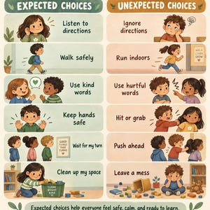 Op de afbeelding: Een educatieve poster met de titel Expected or Unexpected? met twee kolommen illustraties die gedrag vergelijken. De linkerkant toont verwachte keuzes zoals luisteren en opruimen, terwijl de rechterkant onverwachte keuzes toont zoals rennen en rommel achterlaten.